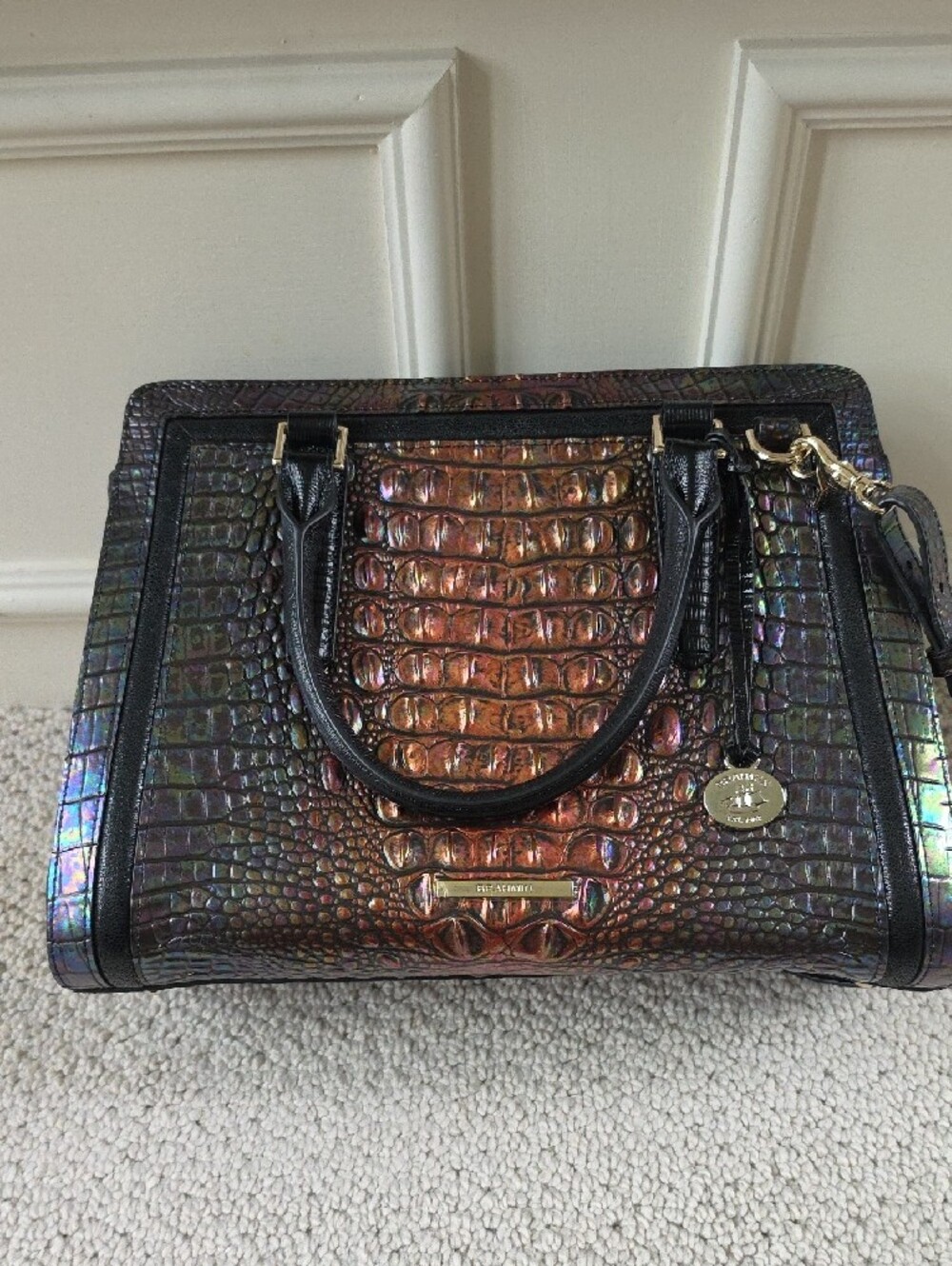 Brahmin Iridescent Croc-Embossed Satchel in Black with Multicolor Sheen - Picture 3 of 5